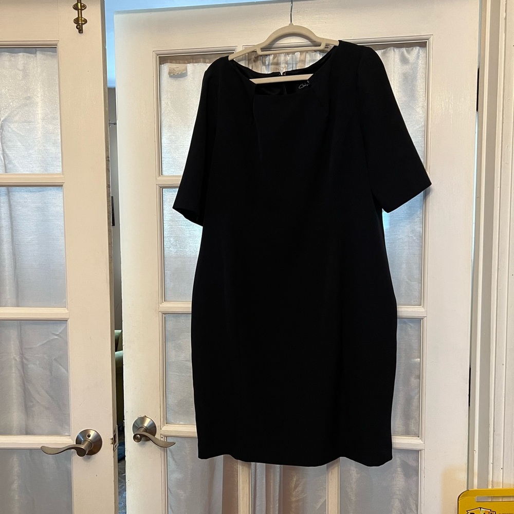 Dark navy sheath dress. Super professional with a square ISH neckline